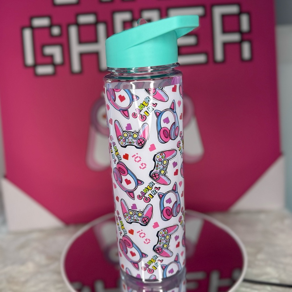 “Gamer Girl” Cold Water Bottle, white w/teal blue lid, w/straw, blue & pink 25oz